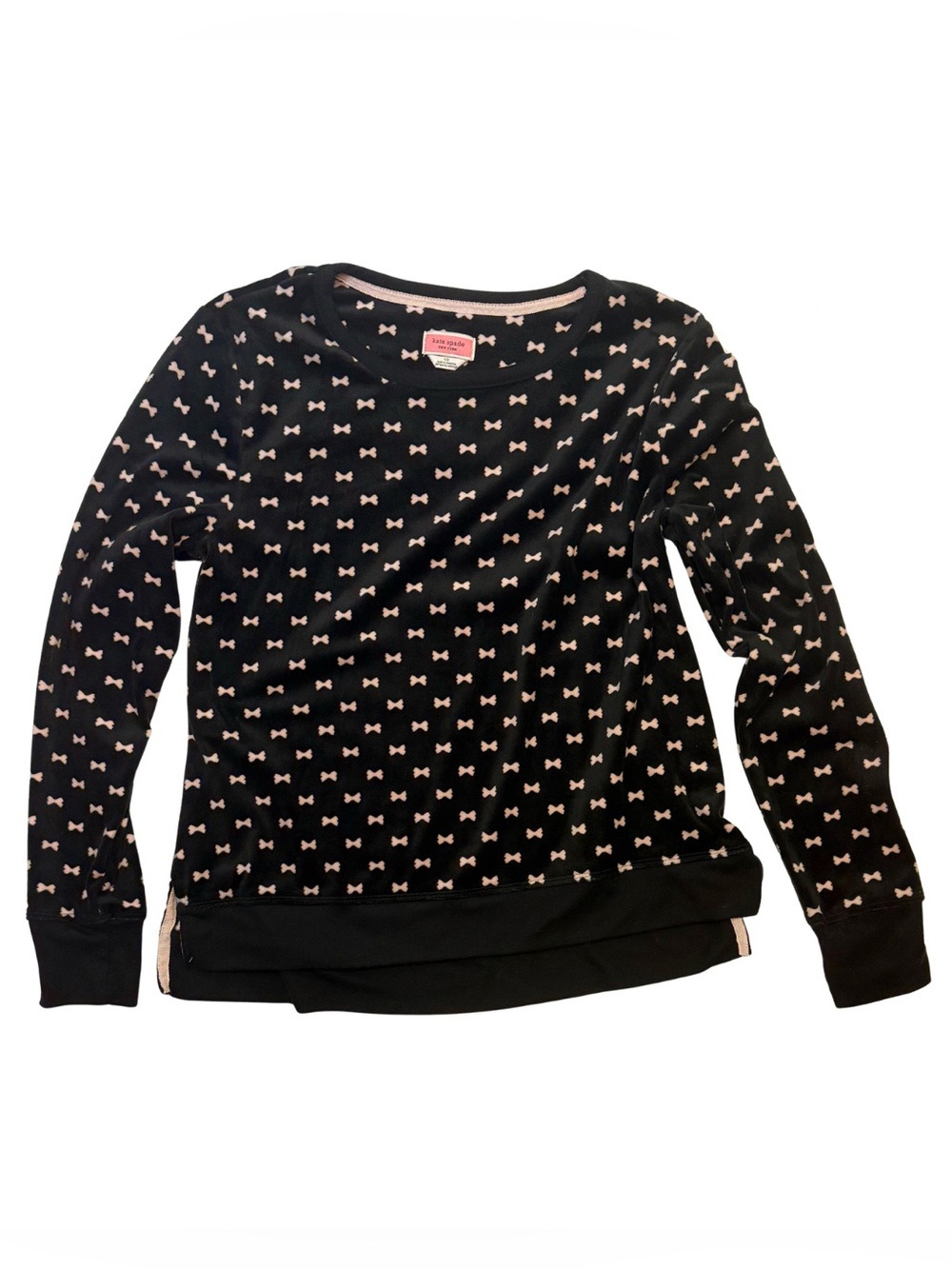 Kate Spade New York Bow Print Plush Pullover Sweater Black Pink Size Small - Picture 2 of 8